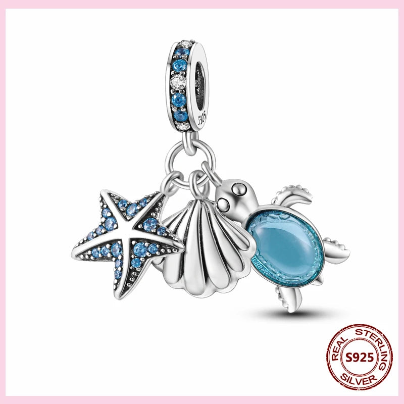 PAMELA 925 Sterling Silver Sea Turtle Starfish Blue Charm Dolphin Octopus Shell Bead For Original Charms Bracelets Ocean Jewelry