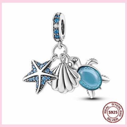 PAMELA 925 Sterling Silver Sea Turtle Starfish Blue Charm Dolphin Octopus Shell Bead For Original Charms Bracelets Ocean Jewelry