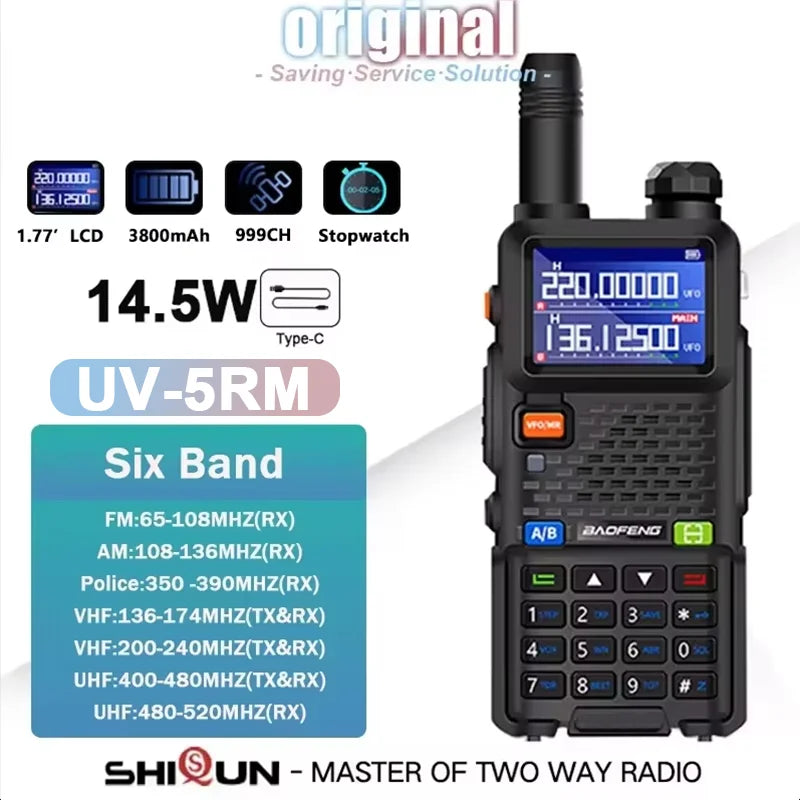 UV-5RM Baofeng Walkie Talkie 3800mAh Battery USB-C Charger 14.5W UHF VHF Wireless Copy Frequency 999CH FM Ham Radio Update UV-5RH