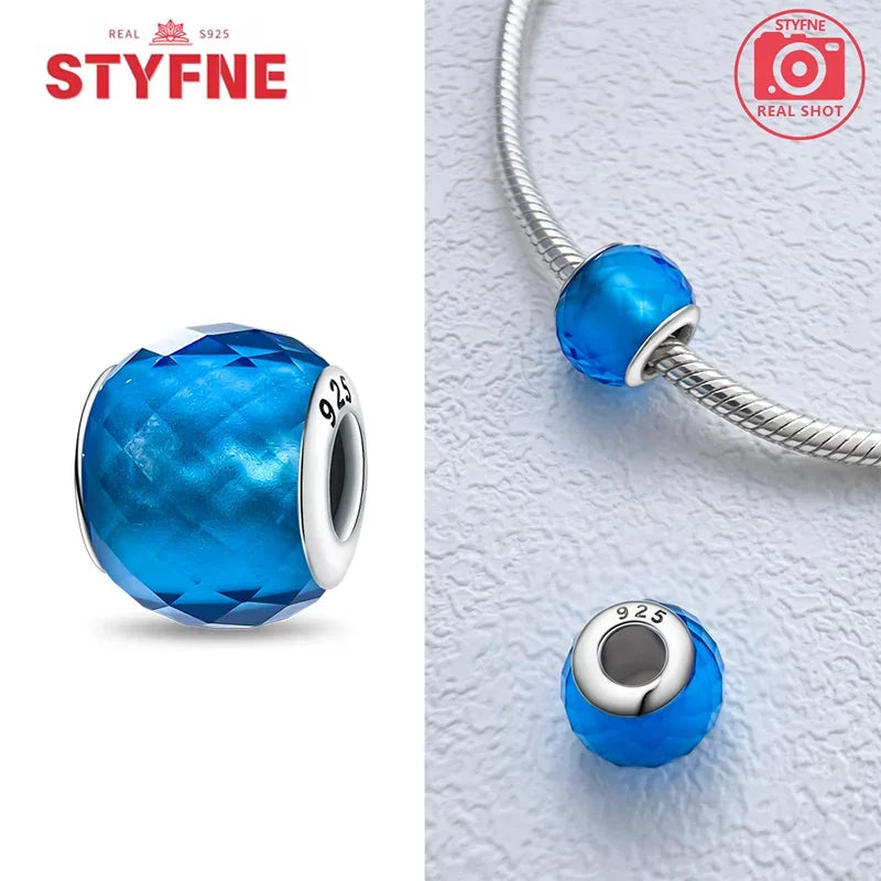 925 Sterling Silver Blue Series Crystal Enamel Murano Charm Bead Fits Original Bracelet for Women DIY Fine Jewelry Gifts