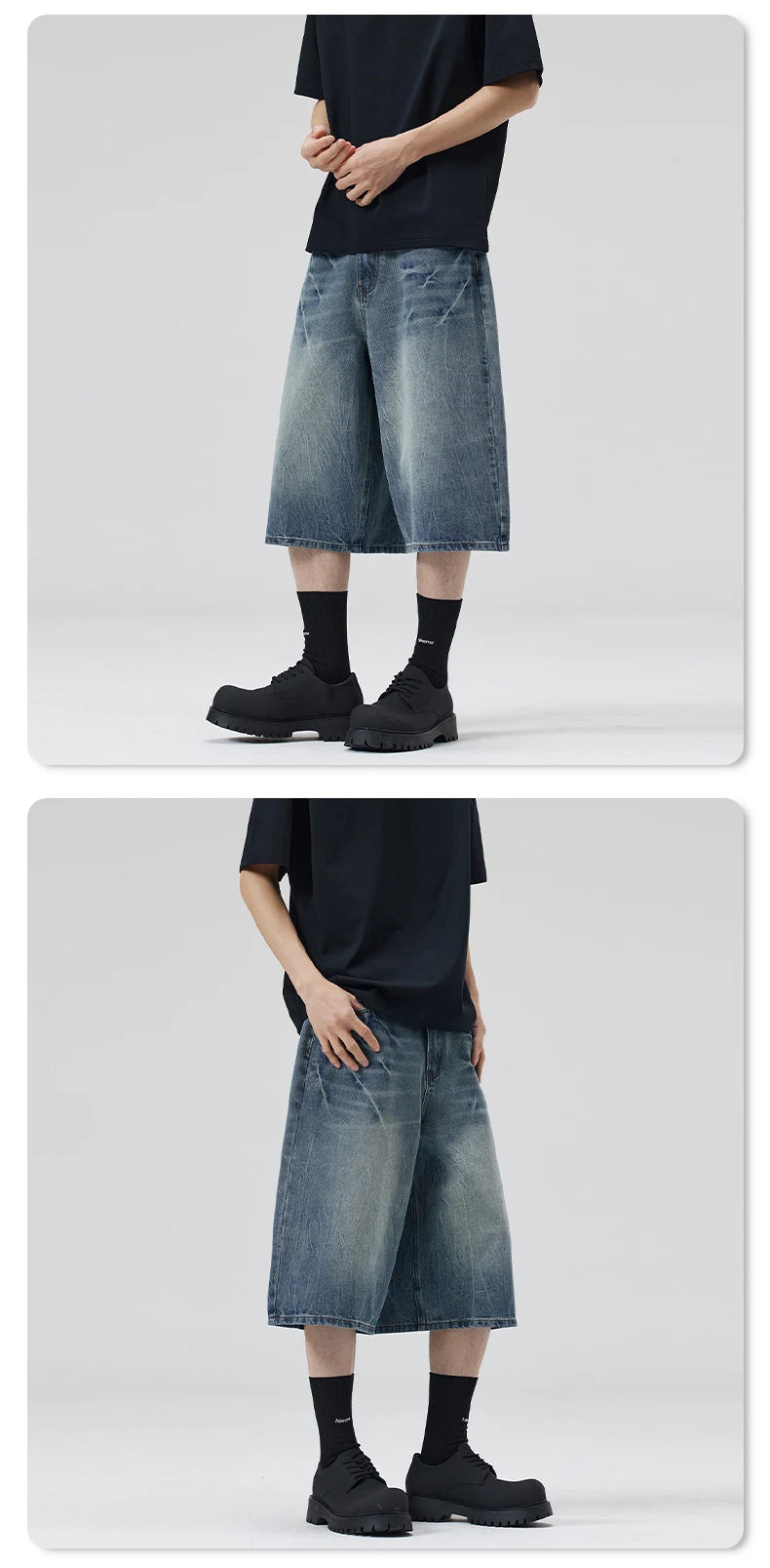 American Lightning Crack Black Grey Jeans, Men's Straight Tube Loose Wide Leg Shorts, Y2k Street Hip Hop Sevens