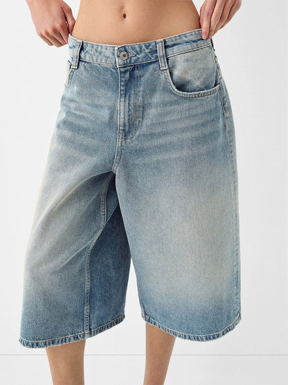 Women's Trendy Knee Length Denim Shorts, Low Waisted Stretchy Bermuda Jean Shorts, Baggy Cargo Jorts Y2K Vintage Streetwear