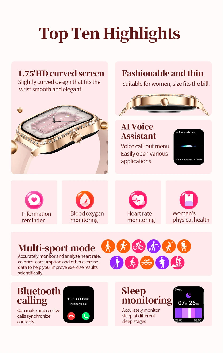 2026 New Fashion Women Diamond Smartwatch Heart Rate Blood Pressure Monitor Music Playback AI Voice Sports BT Calling SmartWatch