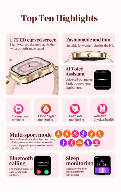 2026 New Fashion Women Diamond Smartwatch Heart Rate Blood Pressure Monitor Music Playback AI Voice Sports BT Calling SmartWatch