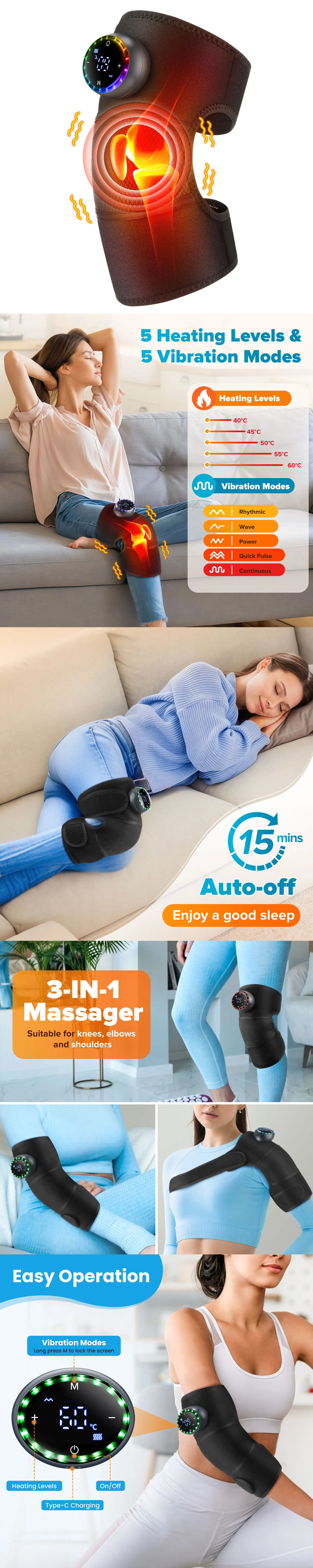 Electric Heated Vibration Knee Massage Pad, 3 in 1 Massager for Shoulder Elbow, Hot Compress Thermal Joint Brace Muscle Relaxation