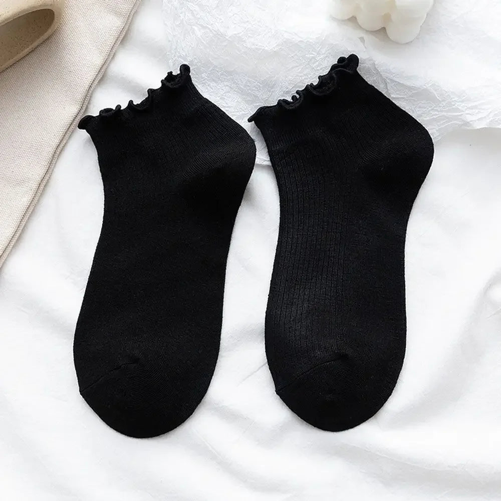 Cotton Women's Socks Frilly Ruffle Socks Spring Summer Casual Ankle Short Boat Socks Loose Knit Solid Color Mid-Calf Socks