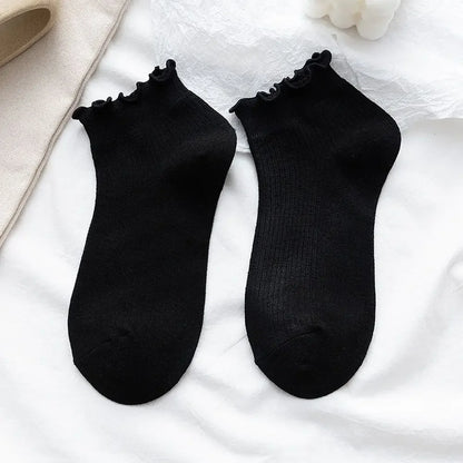 Cotton Women's Socks Frilly Ruffle Socks Spring Summer Casual Ankle Short Boat Socks Loose Knit Solid Color Mid-Calf Socks