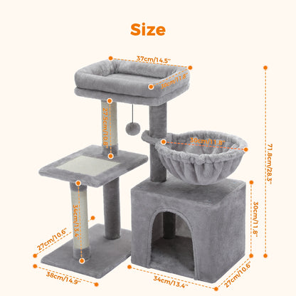 Cat tree, Cat Tower for Indoor Cats, 2 Styles Cat Activity Tree with Cat Scratching Posts, Big Hammock and Removable Top Perch Grey