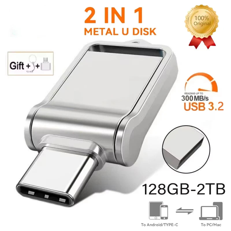 2TB USB 3.2 Flash Drive High Speed Metal U Disk Type-c Interface Dual-use Flash Memory Stick For Phone Windows Computer