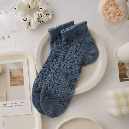 Cotton Women's Socks Frilly Ruffle Socks Spring Summer Casual Ankle Short Boat Socks Loose Knit Solid Color Mid-Calf Socks