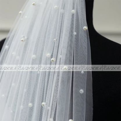 Pearls White Ivory Long Bridal Veil With Comb 1 Layer, Cathedral Wedding Veil with Pearls, Velos de Noiva, Crystal Beads, 75-300cm