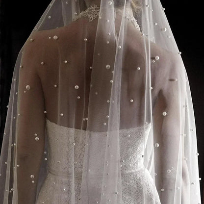 Pearls White Ivory Long Bridal Veil With Comb 1 Layer, Cathedral Wedding Veil with Pearls, Velos de Noiva, Crystal Beads, 75-300cm