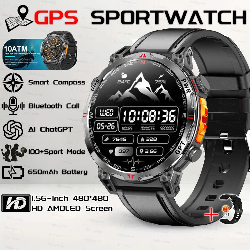 2026 New Outdoor GPS Sports Smartwatches Men Compass 10ATM Waterproof 24/7 Health Monitoring ChatGPT Bluetooth Call Smart Watch