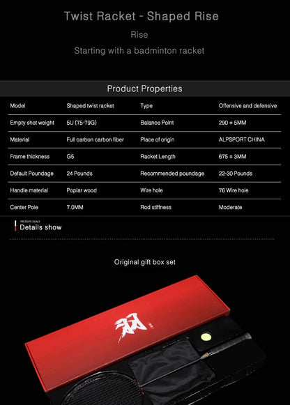 MH-V5 5U 75g Wave Legal Original Max 38lbs 100% Full Carbon Fiber Torsion Frame Badminton Racket, Novice Professional, ALPSPORT