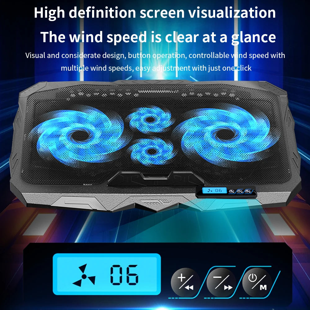TISHRIC Laptop Cooler Four Fan Gaming Notebook Cooling Pad Led Screen Two USB Port 1100RPM Notebook Cooler For 12-17 Inch Laptop