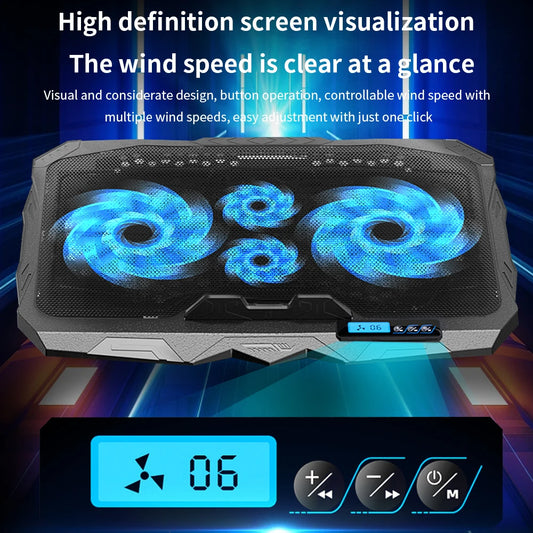 TISHRIC Laptop Cooler Four Fan Gaming Notebook Cooling Pad Led Screen Two USB Port 1100RPM Notebook Cooler For 12-17 Inch Laptop