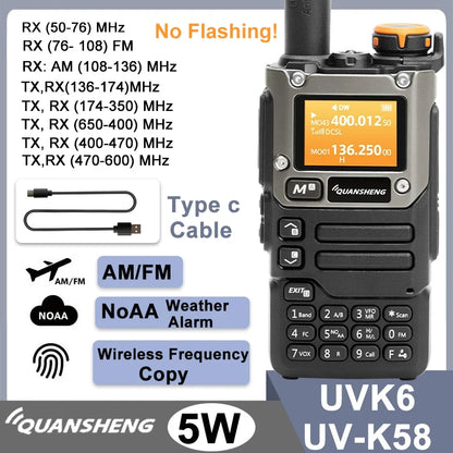 Quansheng UV-K6 Walkie Talkie 5W Radio de banda aérea Carga tipo C UHF VHF DTMF FM Scrambler NOAA Frecuencia inalámbrica Radio CB de dos vías