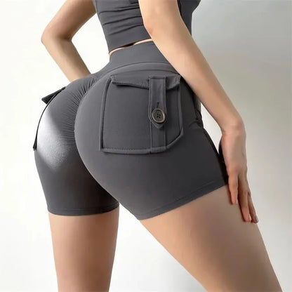 Summer Peach Butt Fitness Exercise Shorts, Three-Quarter Pants, Cargo Air Dry Pocket Yoga Tight Pants, Lift the hips Women's Shorts