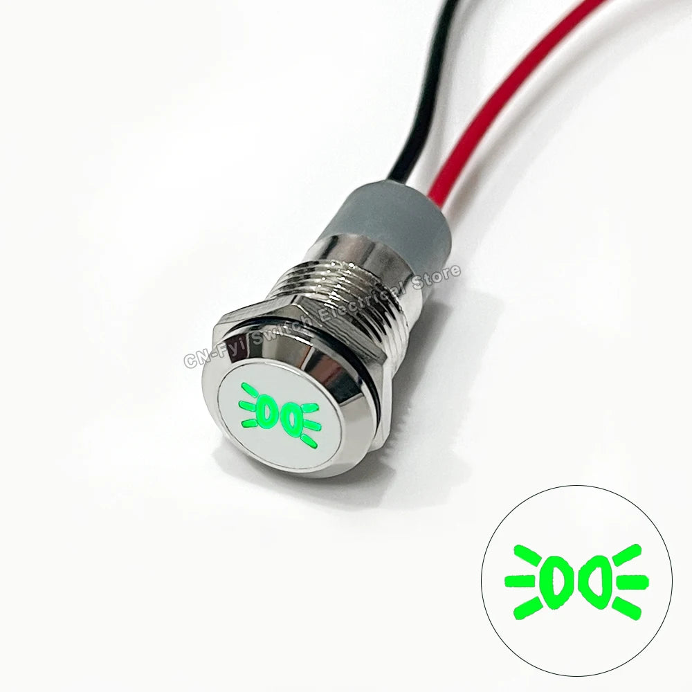 8/12/14MM Waterproof Symbol LED Indicator Light 12V 24V Silver Metal Indicator Turn Signal Pilot Light with Wire Car Dashboard