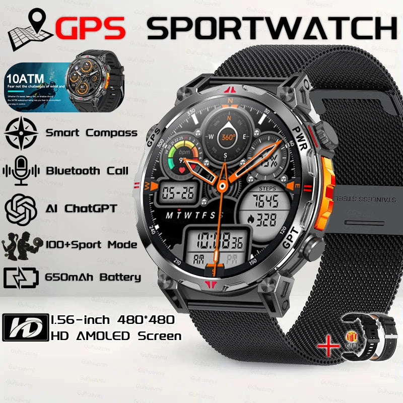 2026 New Outdoor GPS Sports Smartwatches Men Compass 10ATM Waterproof 24/7 Health Monitoring ChatGPT Bluetooth Call Smart Watch