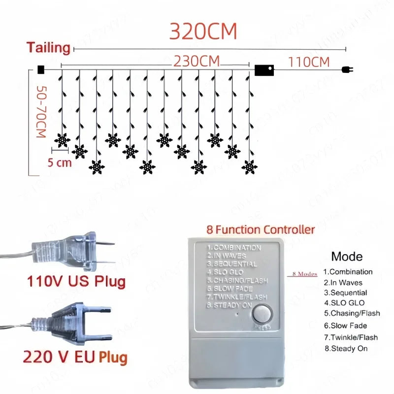 3.2M Christmas Snowflake Curtain String Lights, Indoor Christmas Light, Wedding Home Party New Year LED Xmas Lamps, Eave Decoration