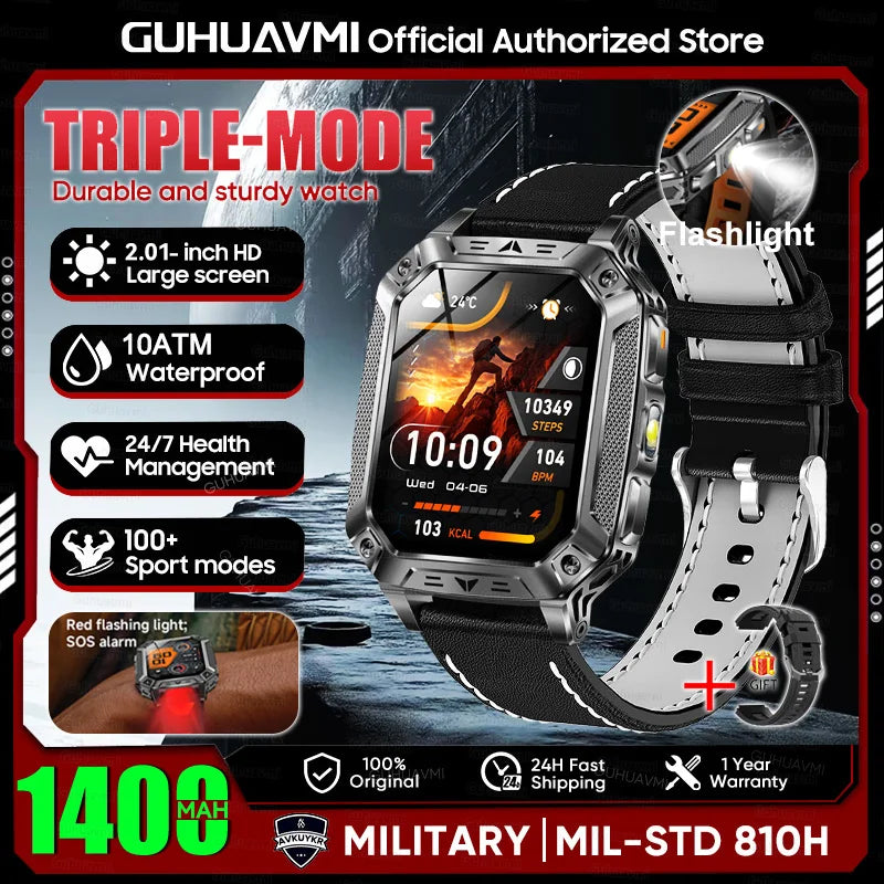 2026 Military outdoor SmartWatch Fitness Clock Men 2.01 inch AMOLED Screen 1400mAh Battery Flashlight Call Waterproof Smart Band