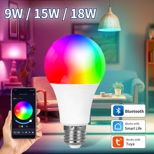 Tuya Smart Bluetooth Bulb E27 220V 9W 15W 18W Color Changing Smart Home RGB Lamp, Smart Life APP Control Dimmable Timer