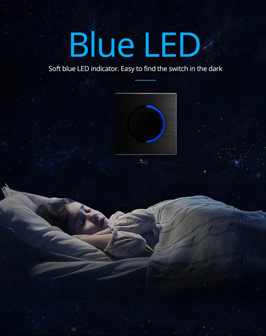 Wallpad Wall Switch 1 Way 2 Way, Circle Round Button, Blue LED Indicator, Brushed Aluminum Finishing, Black Gold SIlver Brown