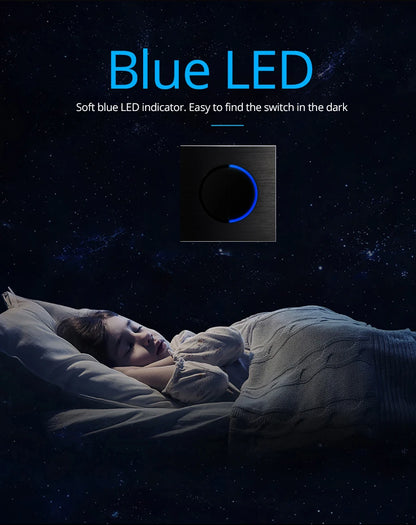 Wallpad Wall Switch 1 Way 2 Way, Circle Round Button, Blue LED Indicator, Brushed Aluminum Finishing, Black Gold SIlver Brown