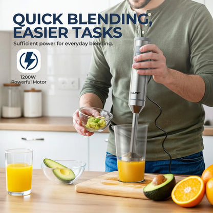 Hand Immersion Blender Powerful 4-in-1,Stainless Steel Stick Food Mixer,700ml Mixing Beaker,500ml Processor,Whisk, 1200W MAX