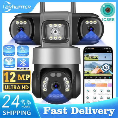 12MP Outdoor WiFi Camera, 6K HD Triple Lens, Triple Screens PTZ IP Security Camera, Human Auto Tracking, Waterproof CCTV Cam ICSEE