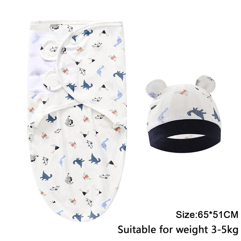 Baby Blanket Hat Set, Cartoon Printed Cotton Newborn Swaddle, Adjustable Infant Sleeping Swaddle Wraps, All Seasons, 0-6 Months