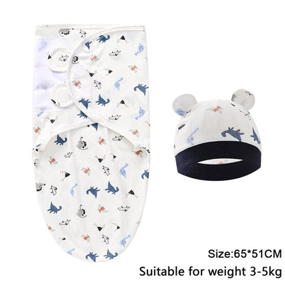 Baby Blanket Hat Set, Cartoon Printed Cotton Newborn Swaddle, Adjustable Infant Sleeping Swaddle Wraps, All Seasons, 0-6 Months