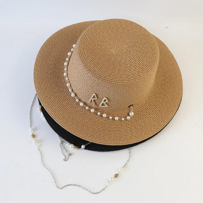 New Women Summer Hats, Straw Sun Hat, Panama Elegant Straw Fedoras Lady Girl Outdoor Vacation with Pearl Chain Sunshade Beach Hat