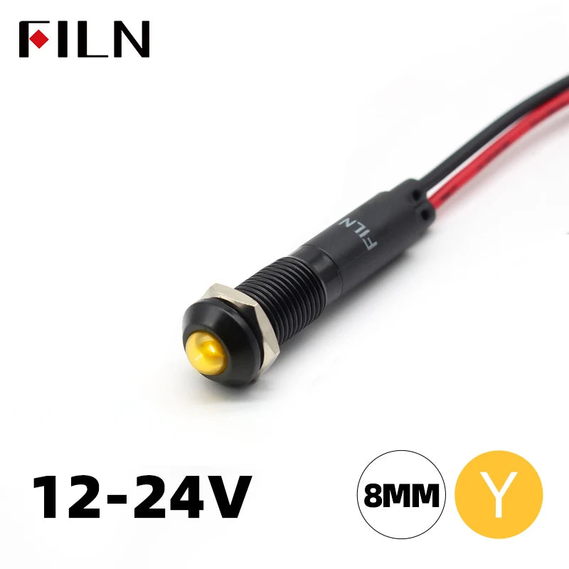 FILN 8mm LED Light Panel Mounted Raised Head LED Light Panel Black Metal Shell Mini 12V 24V 110V 220V With 20cm Cable
