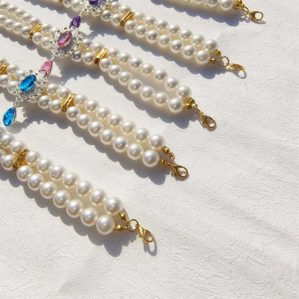 1 collar de perlas de doble capa de lujo para mascotas con colgante de diamante, disfraz de boda, perro, gato, accesorios de joyería de cristal, suministros para mascotas