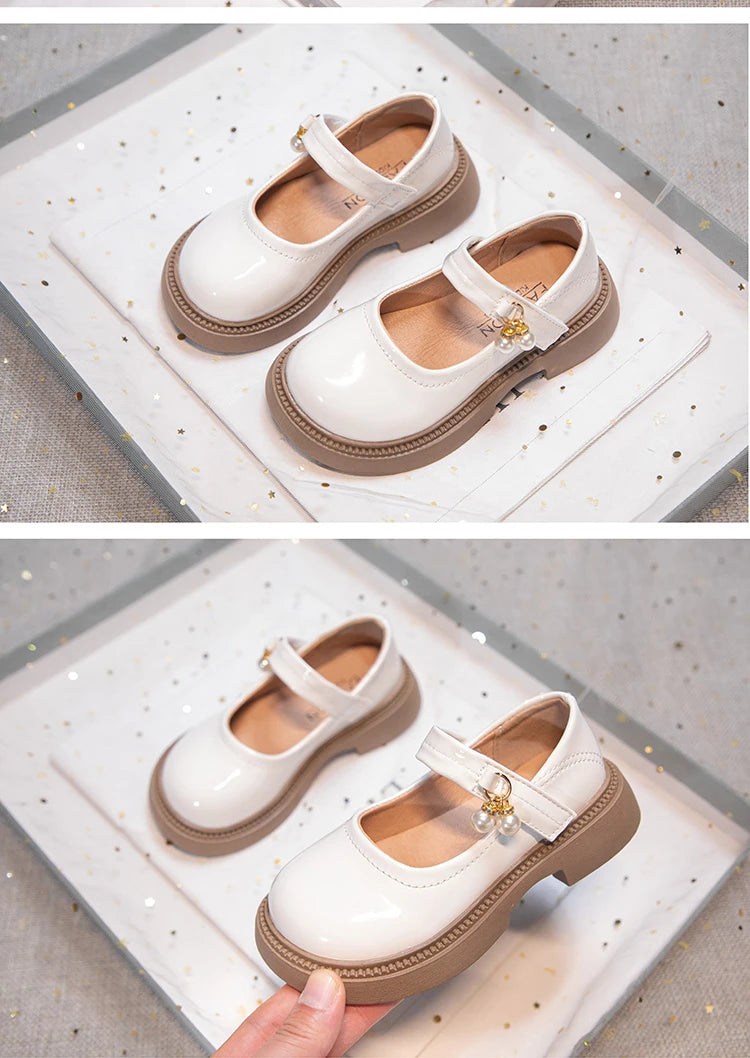Girls' Chic Leather Princess Mary Janes with Pearl Pendant for Wedding Party, Back to School, Dress Flats (Sizes 26-36)