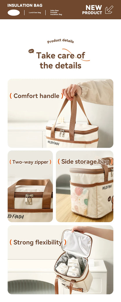 WORTHBUY Cute Thermal Lunch Box Bag, Student Portable Large Capacity Insulated Lunch Bag, Waterproof Reusable Picnic Cooler Bag