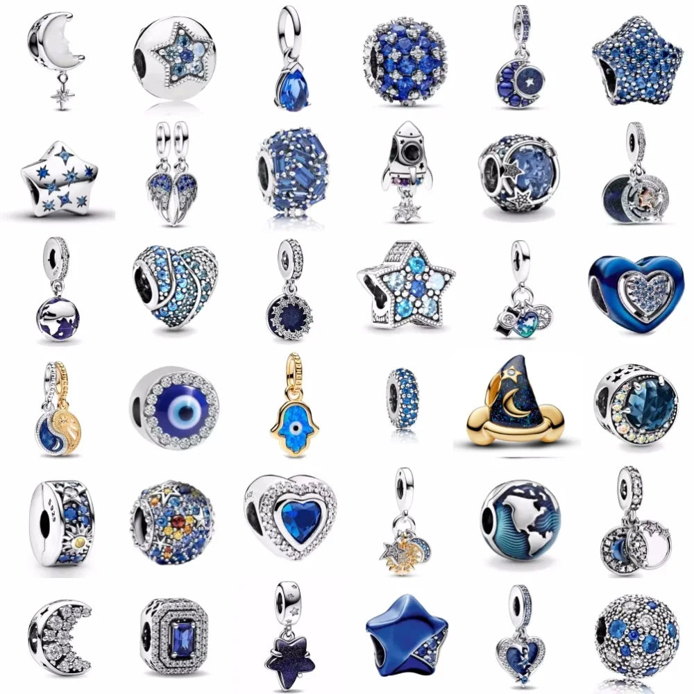 Blue Sparkling Zircon Star Moon Series Charms Beads Fit Original Bracelet Women DIY Pendant Accessories Jewelry 925 Silver Gifts