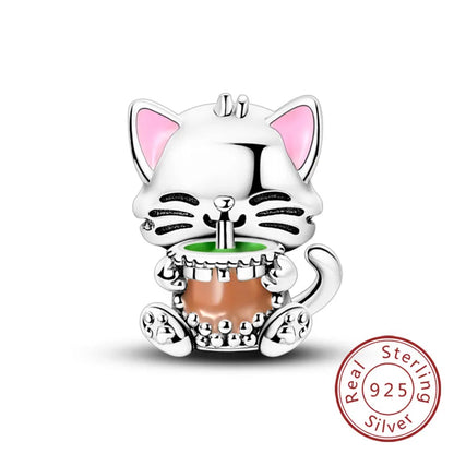 Dijes de plata de ley 925 originales, abalorios de cristal de vino, taza de café, dije colgante para pulseras de mujer, joyería DIY, regalo
