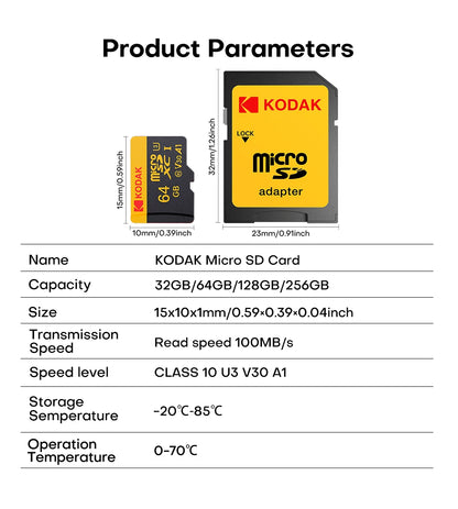 KODAK 100% Original Micro sd Card 32GB 64GB 128GB 256GB Microsd Memory Card Class10 SDXC U3 4K TF Card for Drone Phone