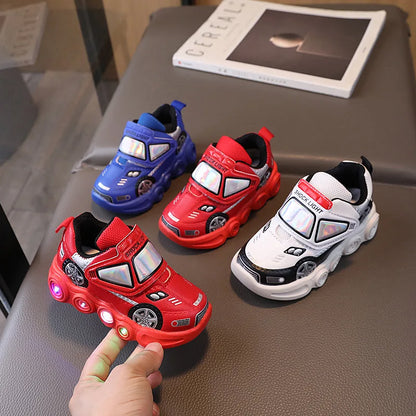 2026 Kids' Casual Shoes Led Light Car Club Cartoon PU Leather Spring Shoes For Children Anti-slip Red Blue Shoes Size 21-30