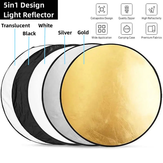 RF01 24" Reflector 5-in-1 30CM 60CM 80CM 110CM Silver White Gold Portable Collapsible Soft Light Round Photography for Studio 2-in-1