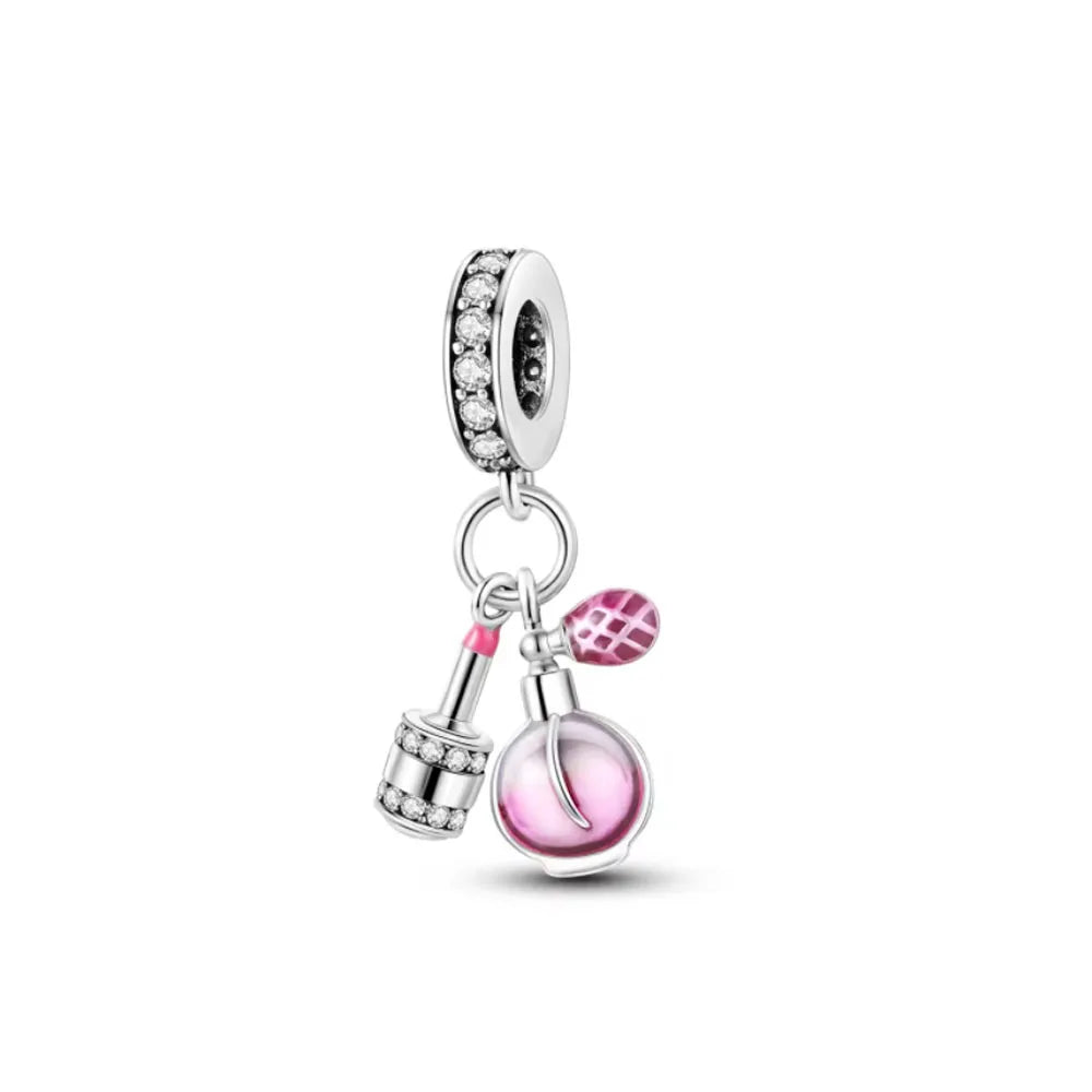 Pink Bead Bag Perfume Lipstick high heels Pendant fit Original Bracelet Accessories DIY Jewelry Women 925Silver Gift Trunk Charm