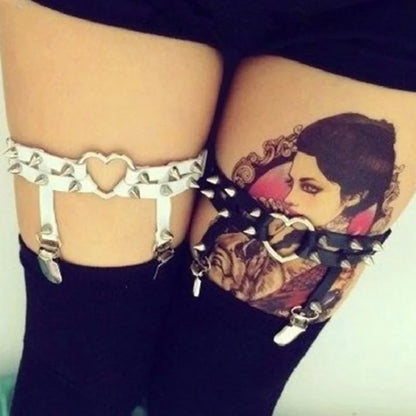 Liguero punk sexy con pinchos, cinturón elástico de roca con remaches, 2 clips, arnés gótico Harajuku para mujer, ligas con tachuelas, medias, liguero