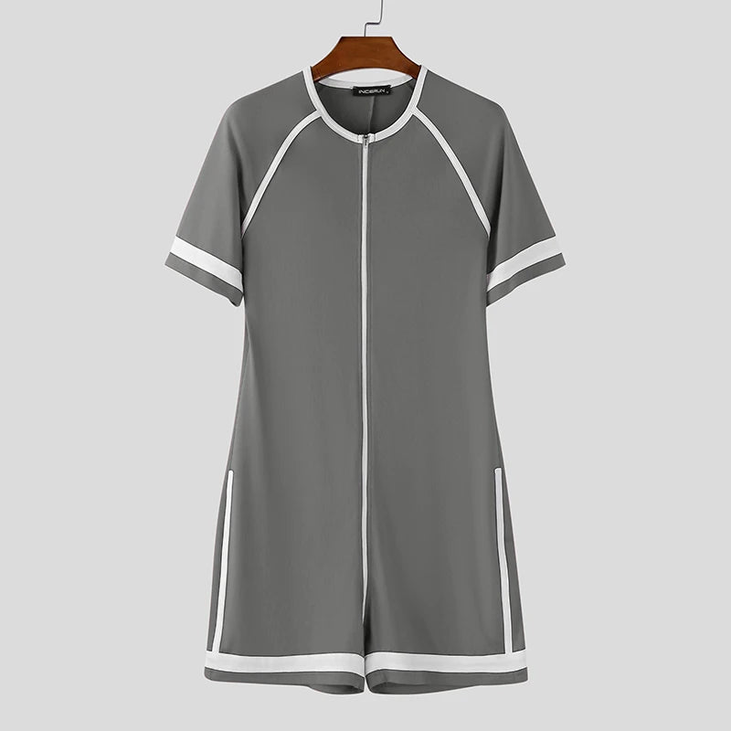 INCERUN Men Bodysuits Patchwork Zipper O-neck Short Sleeve Cozy Male Rompers Playsuits Workout 2025 Fashion Casual Bodysuit Men