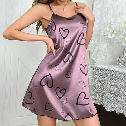 Women's Sleepdress Satin Floral Print Nightdress Comfortable Spaghetti Strap Sleepwear Dress Luxurious Satin Slip Nightdress