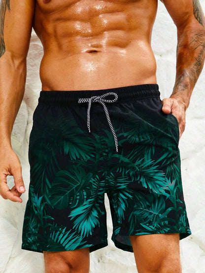 Men's Hawaiian 3D Gradient Palm Tree Pattern Beach Shorts, Quick Dry Outdoor Leisure Sports Shorts, Fashion Men's Shorts