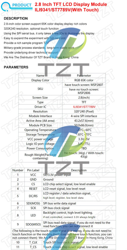 240x320 2.8" SPI TFT LCD Touch Panel Serial Port Module With PBC ILI9341 / ST7789V 2.8 Inch SPI Serial Display With Touch Pen