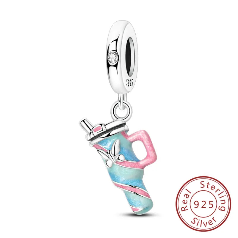 Dijes de plata de ley 925 originales, abalorios de cristal de vino, taza de café, dije colgante para pulseras de mujer, joyería DIY, regalo